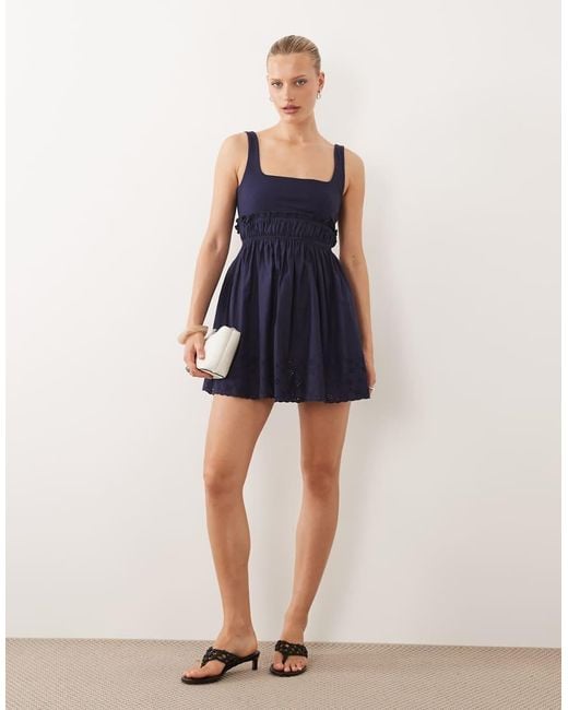 ASOS Blue Square Neck Cotton Sundress With Cutwork Floral