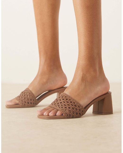 ASOS Brown Honeycomb Weave Detail Mid Heeled Mules