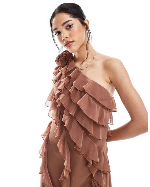 French Connection Brown Oskar Ruffle One Shoulder Midaxi Dress
