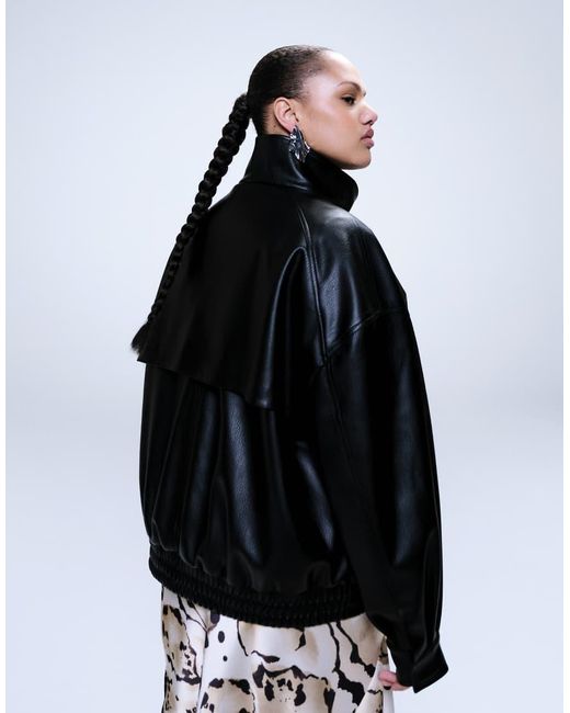 ASOS Black Asos Design Curve Oversized Leather Look Funnel Bomber Jacket
