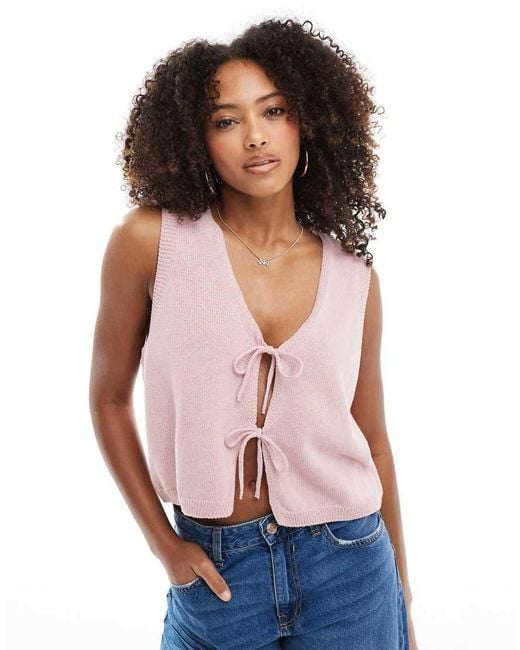 ASOS Pink V Neck Knitted Tank Top With Bow Tie Front