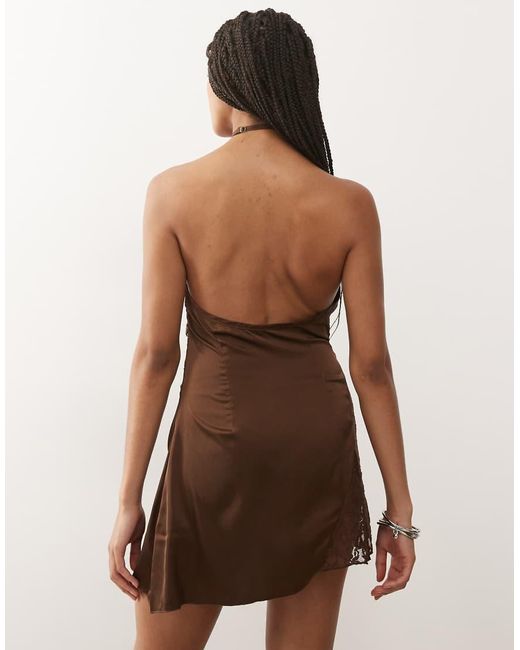 Lioness Brown Amore Satin Sheer Lace Bust Panelling Detail Halterneck Mini Dress