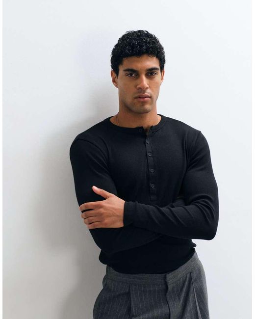 ASOS Blue Muscle Fit Long Sleeve T-shirt With Woven Henley for men
