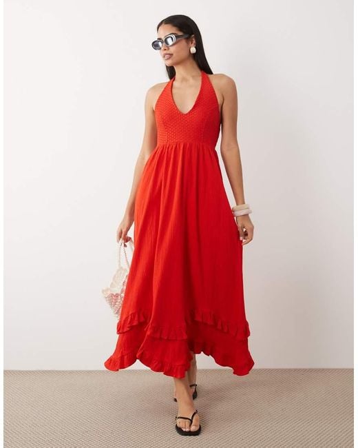 ASOS Red Crochet Halter Neck Tie Midi Dress