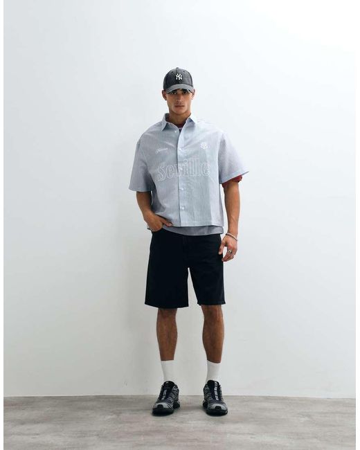 ASOS Blue Boxy Oversized Stripe Shirt With Front Print for men