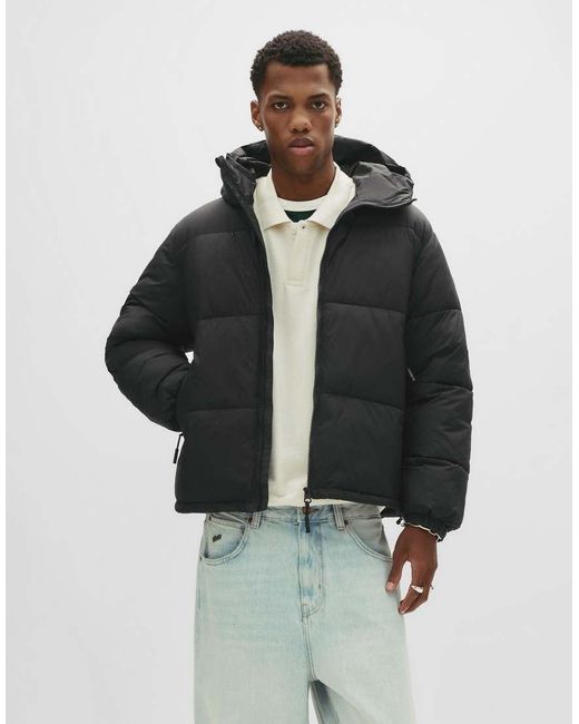 Pull&Bear Black Puffer Jacket With Hood for men