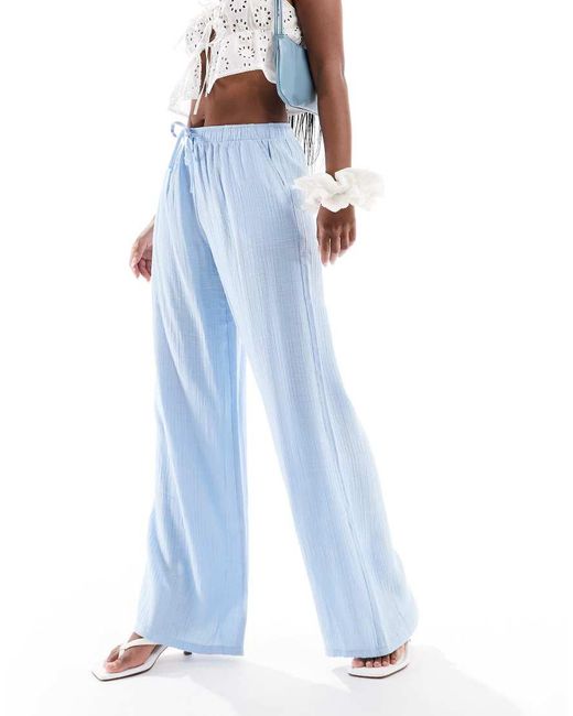 Stradivarius Blue Linen Look Pull On Crinkle Pants