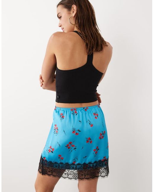 ASOS Blue Lace Trim Satin Mini Skirt
