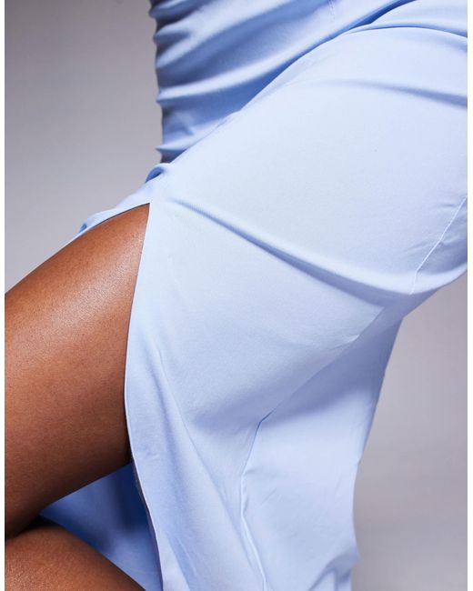 Vesper Blue Bengaline Bandeau Thigh Split Maxi Dress
