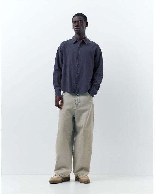 Pull&Bear Blue Linen Blend Shirt for men