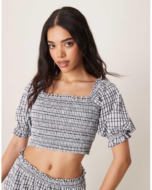 ASOS Natural Shirred Seersucker Square Neck Puff Sleeve Top Co-ord