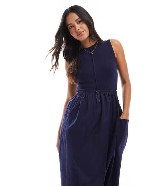 Threadbare Hoogsluitende Maxi Jurk Met Poplin Rok En Taille Detail in het Blue