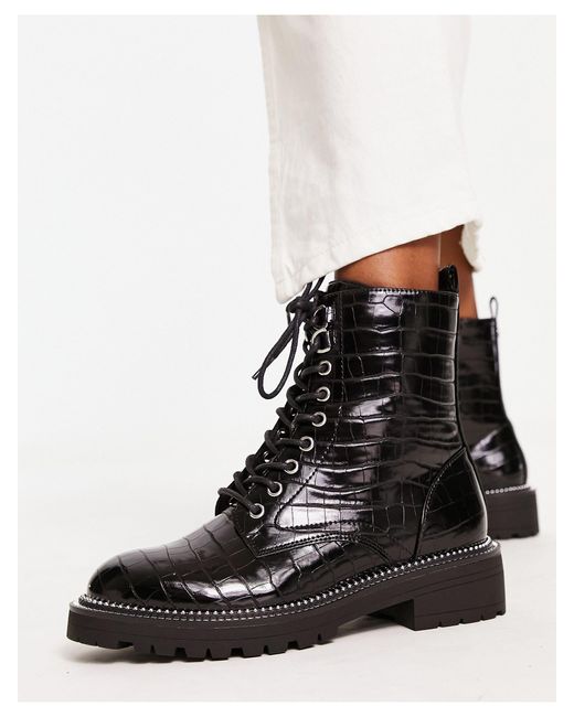 River Island Croc Effect Lace Up Boot in Black | Lyst Australia