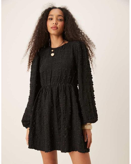 Gina Tricot Black Textured Mini Dress With Open Tie Back And Volume Sleeves