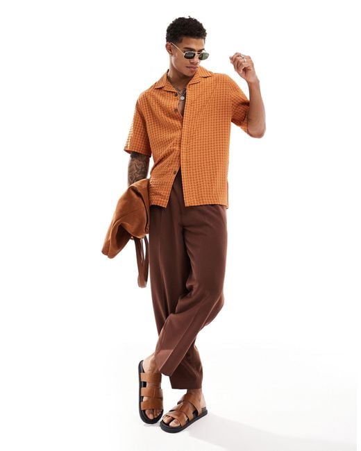ASOS – kurzärmliges relaxed fit seersucker-hemd in Brown für Herren