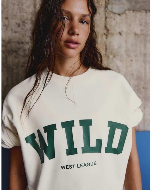 Bershka Natural Printed Round Neck Sweatshirt