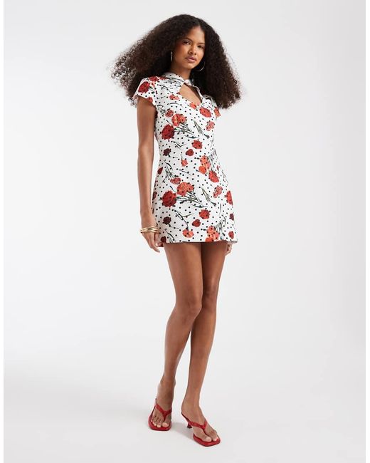 ASOS Red Linen Blend Mini Dress With Keyhole Cut Out