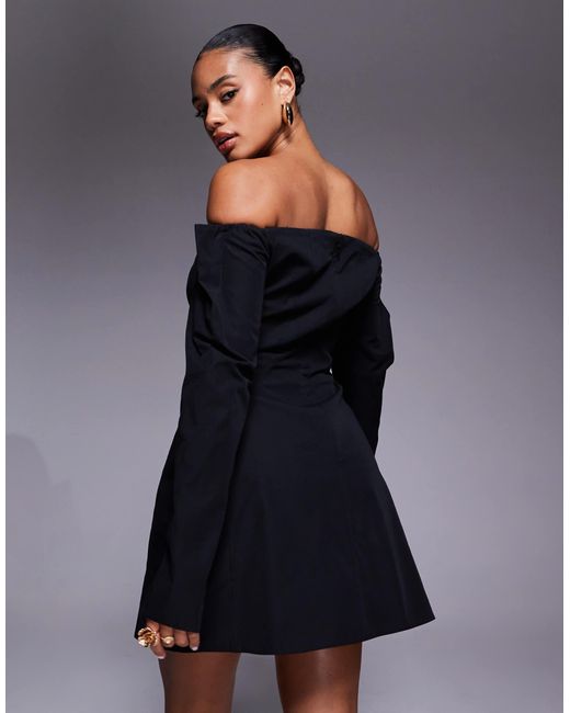 ASOS Blue Structured Long Sleeve Bardot Mini Dress With Seam Detailing