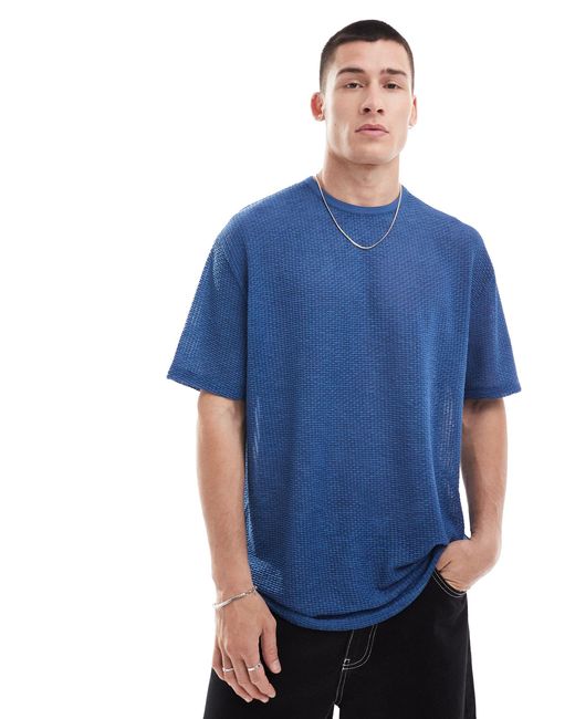 ASOS – locker geschnittenes t-shirt mit transparenter struktur in Blue für Herren