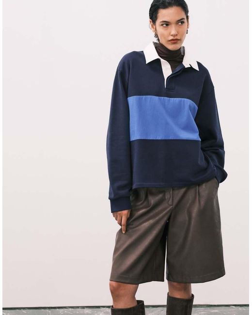 ASOS Heavyweight Rugby Polo Sweatshirt With Blue Stripe