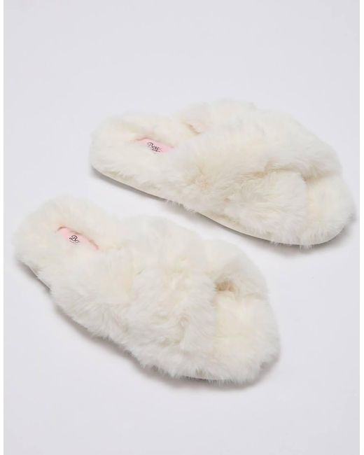 Boux Avenue Natural Cross Band Slider Slippers Open Toe Soft Plush Loungewear