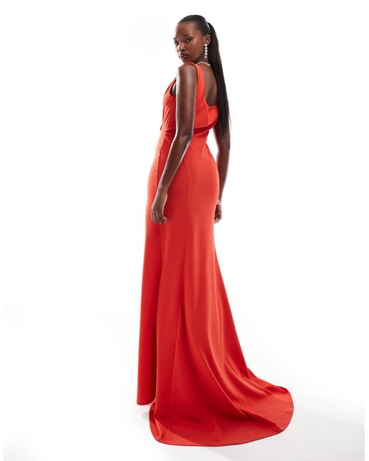 ASOS Red Premium Draped Rose Detail Off Shoulder Fishtail Maxi Dress