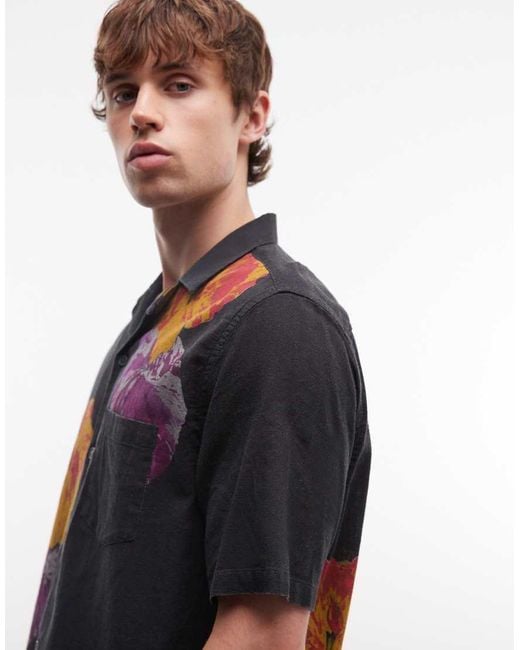 AllSaints Black Nouvelle Short Sleeve Linen Blend Floral Shirt for men