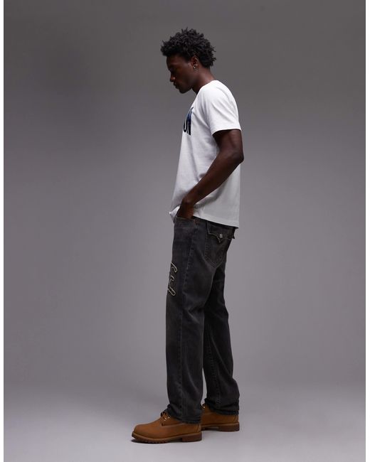 True Religion Gray Ricky Frayed Embroidered Logo Front Detail Flap Pocket Straight Jeans for men