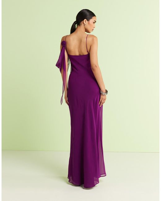 Mango Chiffon Maxi Dress With Draped Rosette Detailing in Purple
