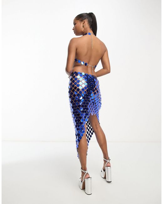 SIMMI Blue Simmi Petite Sequin Disc Chainmail Maxi Dress With Open Back