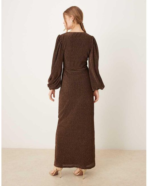 Pretty Lavish Brown Shimmer V Neck Balloon Sleeve Cut Out Maxi Dress