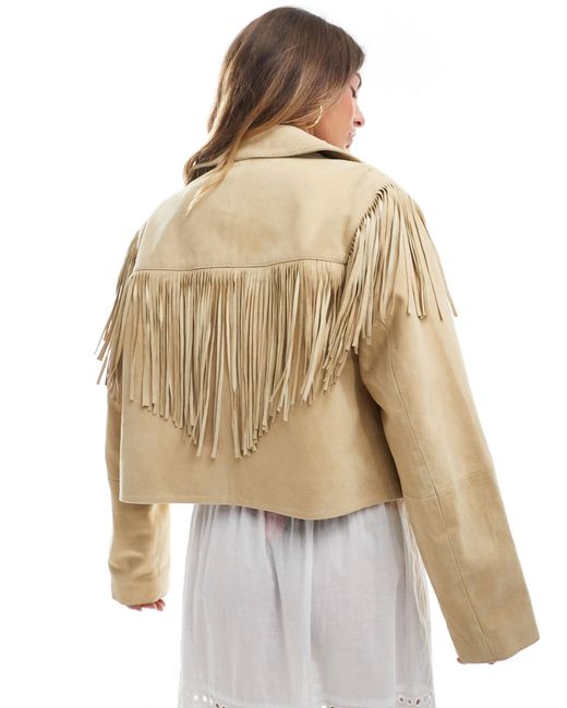 ASOS Natural Real Suede Jacket With Fringe