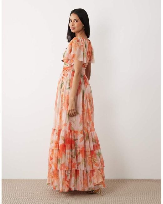 LACE & BEADS Orange Madison Tulle Flutter Sleeve Deep V Maxi Dress
