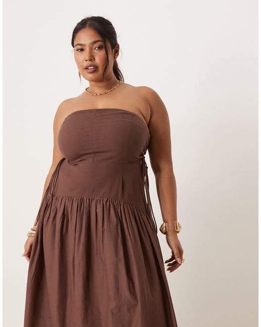 ASOS Brown Asos Design Curve Dropped Waist Bandeau Maxi Dress With Lace Up Side Detail
