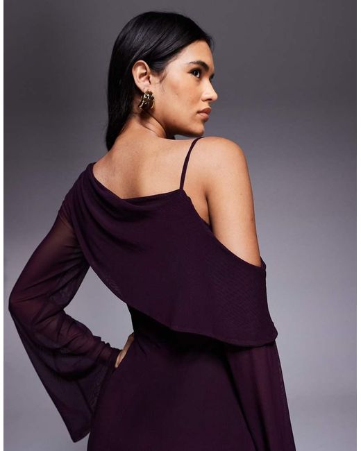 ASOS Blue Mesh Folded Neckline Midi Dress With Fallen Shoulder