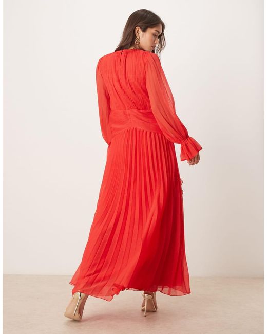 ASOS Red High Neck Ruched Belt Detail Maxi Dress