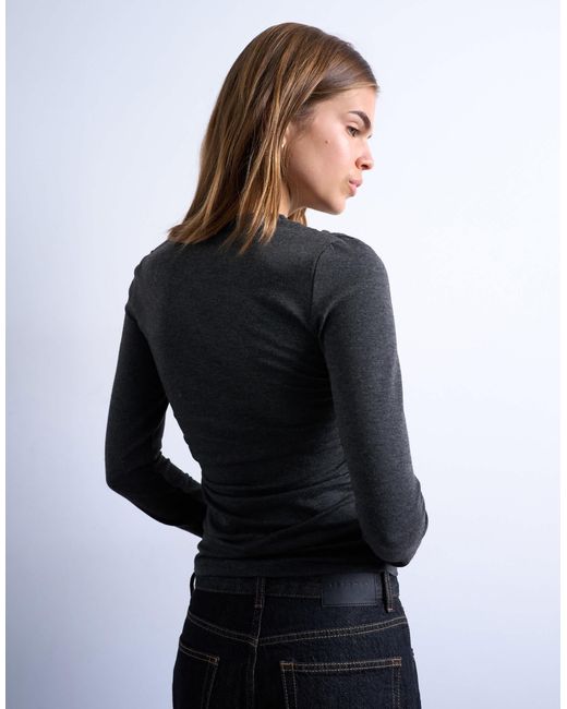 Top froncé brossé à encolure asymétrique et manches longues - anthracite TOPSHOP en coloris Blue