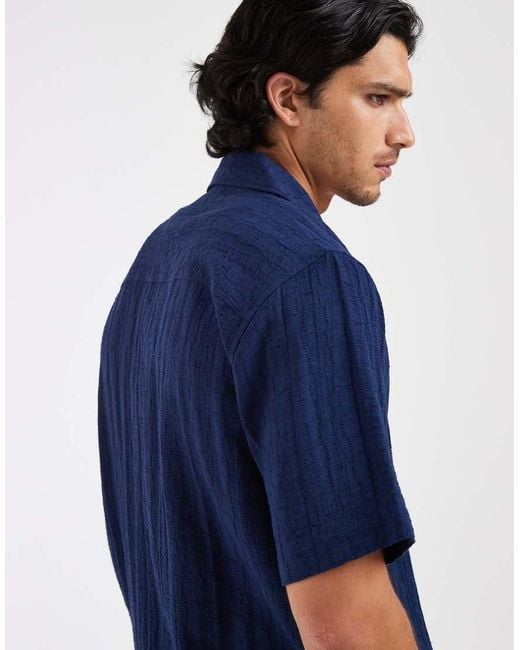 Only & Sons Blue Regular Fit Textured Shirt With Resort Collar for men