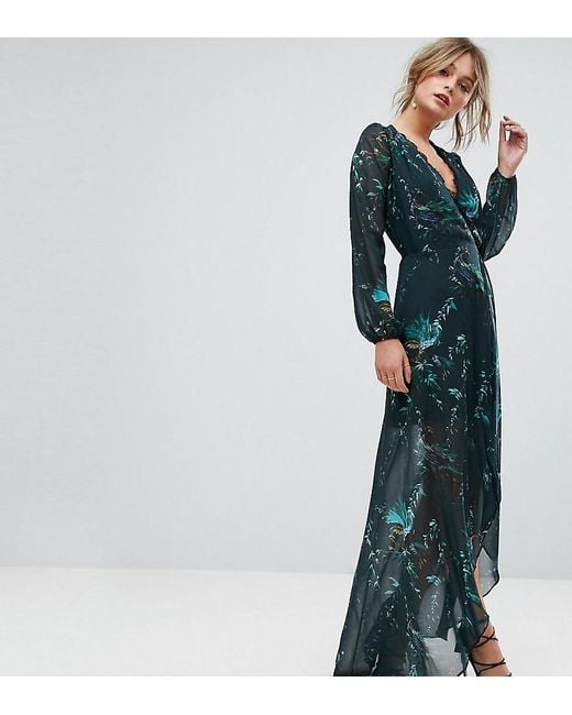Hope and Ivy Green Hope & Ivy Long Sleeve Wrap Detail Floral Maxi Dress