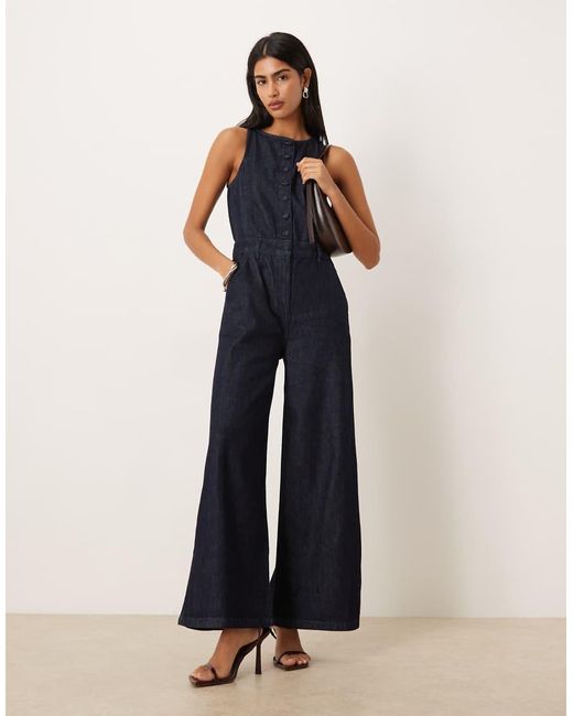 ASOS Blue Wide Leg Denim Jumpsuit With Button Front