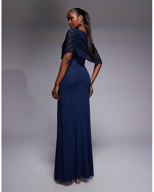 asos design maxi dress with cape sleeve in embroidered mesh Mac Duggal - Navy Crepe 3/4 Sleeve A-line Gown With Flower Trim main image 0
