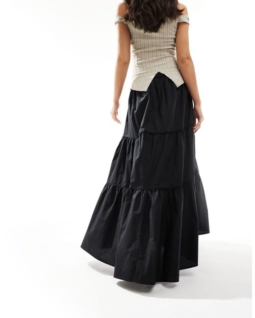Monki Black Maxi Tiered Poplin Cotton Skirt With Half Elastic Waist