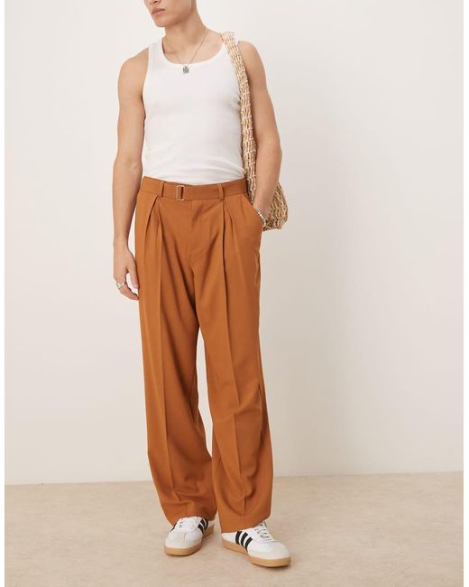 Pantalones De Vestir Color Óxido De Pernera Ancha Con Cinturón Y Pinzas De Tejido Efecto Lino De -Naranja ASOS de hombre de color Natural