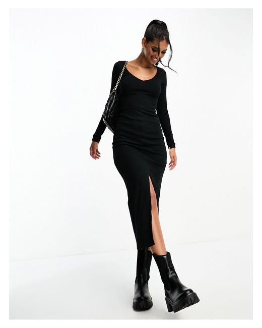ASOS Black V Neck Long Sleeve Ribbed Midi Dress With Front Split Detail