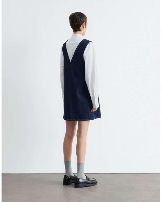 & Other Stories Blue Stretch Denim V-neck Mini Dress With Front Seam