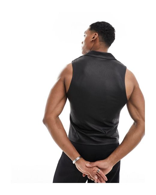 ASOS Black Muscle Fit Button Through Sleeveless Polo for men