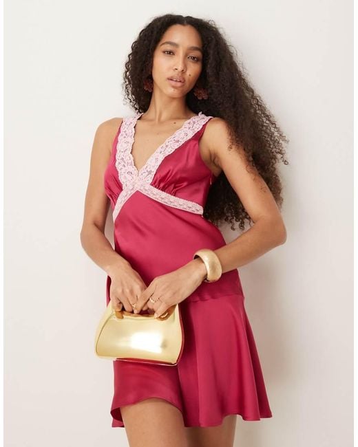 ASOS Red Satin Flippy Mini Dress With Lace Detail
