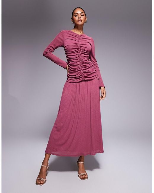 ASOS Women's Purple Textu Ribbed Long Sleeve Ruched Front Maxi Dress