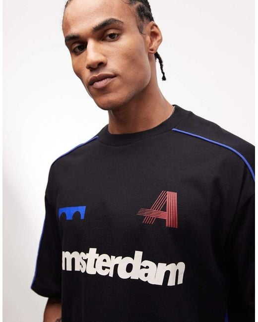 ASOS Blue Boxy Oversized T-shirt With Cut And Sew Paneling And Sports Graphics for men