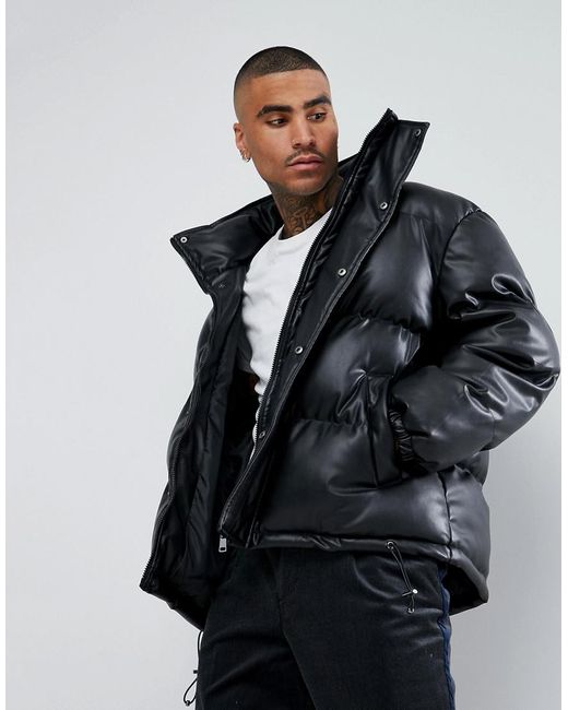 Mennace Black Puffer Jacket In Leather Look for men